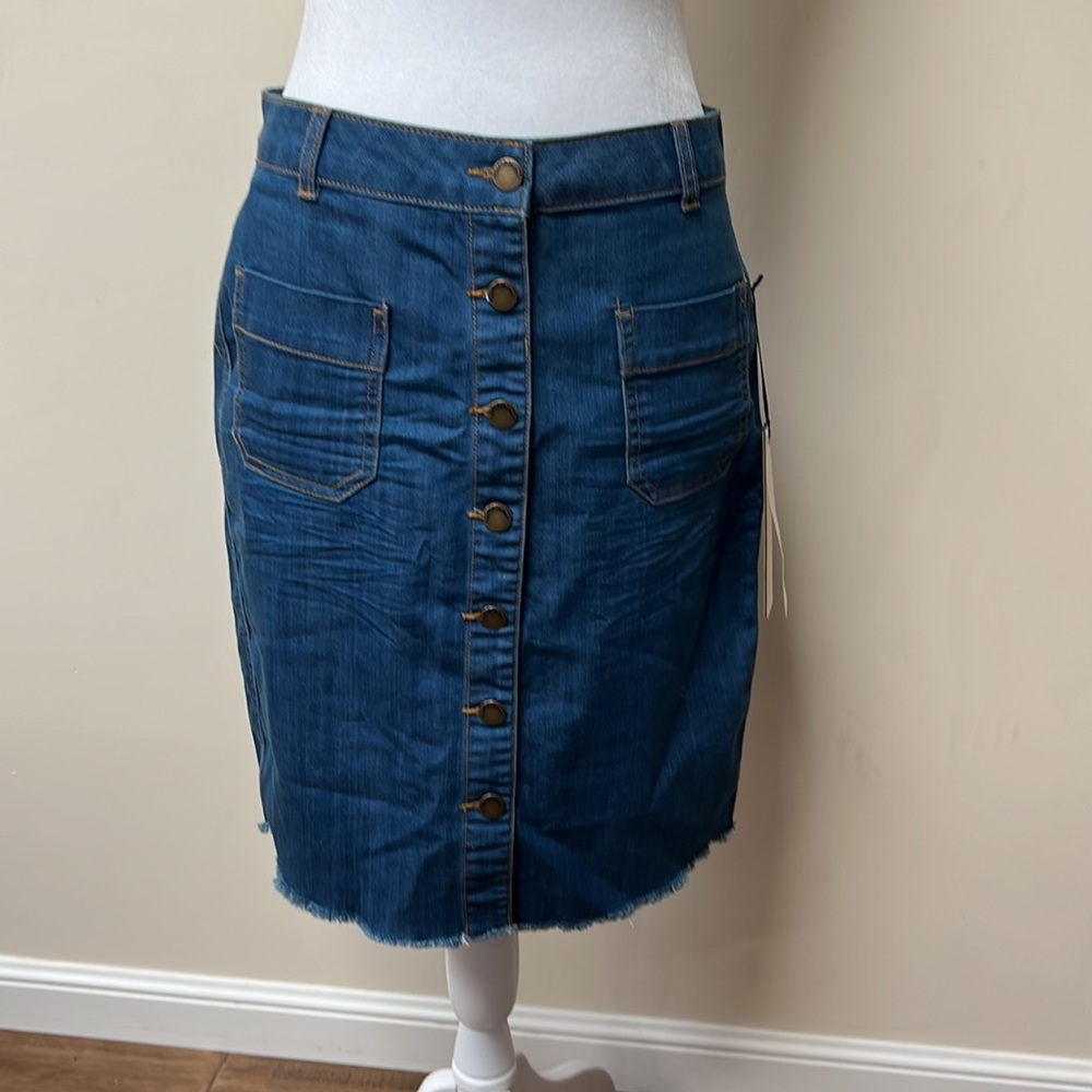 Denim knee length button down skirt